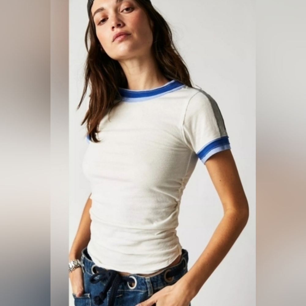 Free People Cream Ringer Tee with Blue Trim